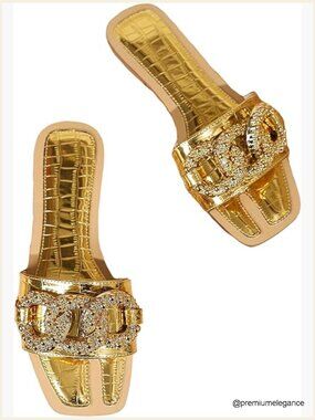 Rhinestone Chain Flat Sandals Square Open Toe Slip On Summer Bridal